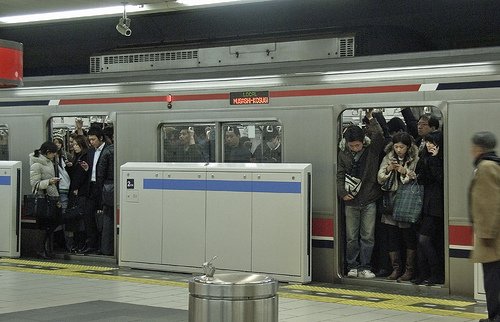 This is a late night train carrying revellers home from Shibuya – but even it’s packed